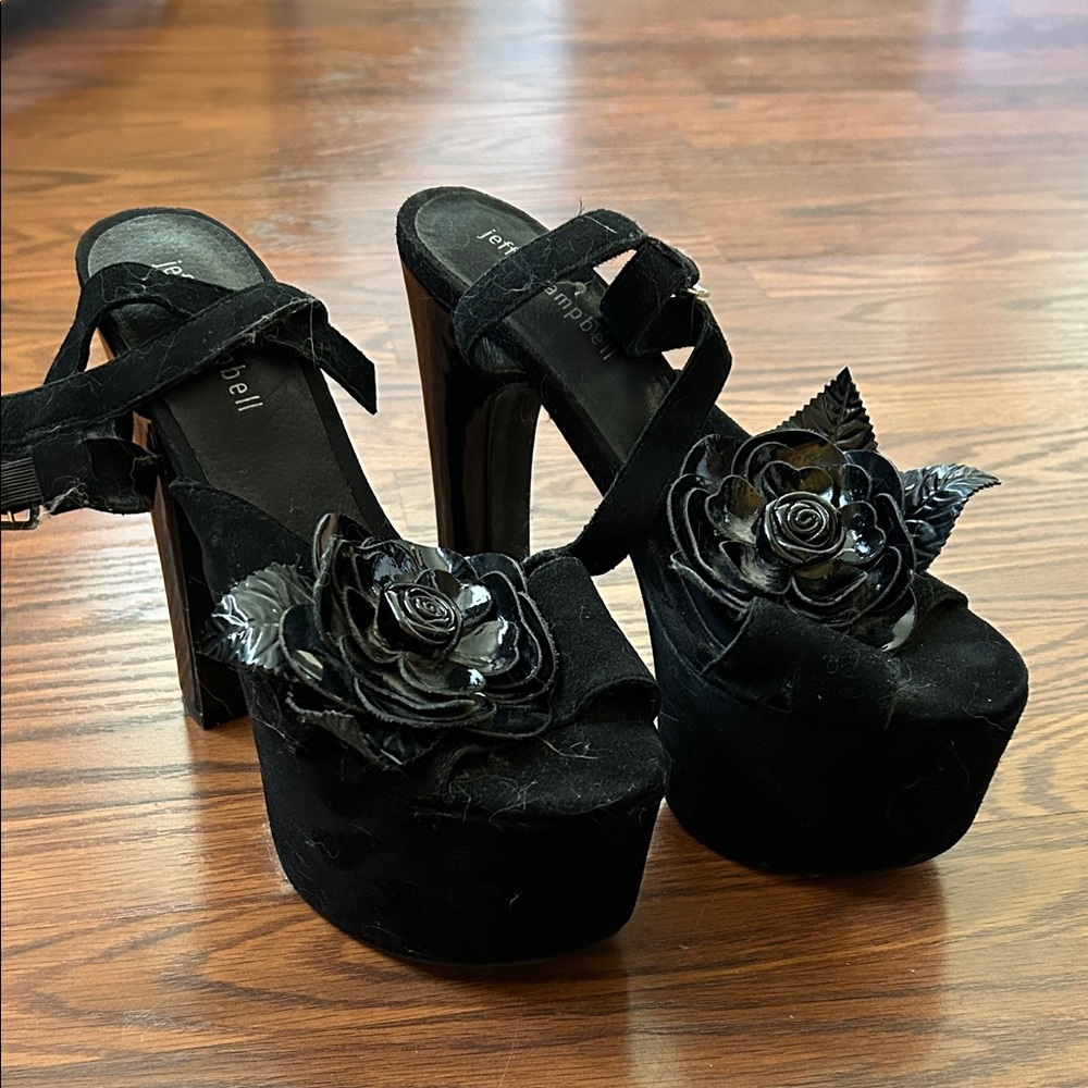 Jeffrey Campbell Black Platform Sandals with Floral Detail
